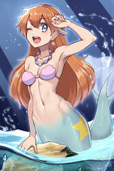  ;d arm_up armpits bare_shoulders bikini bikini_top_only blue_background blue_eyes breasts check_commentary cleavage collarbone commentary_request earrings female full_body groin hair_between_eyes highres jewelry kasumi_(pokemon) light_rays looking_at_viewer medium_breasts mermaid mermaid_misty_(pokemon) monster_girl monsterification navel necklace ocean one_eye_closed open_mouth orange_hair partially_submerged partially_underwater_shot pearl_hair_ornament pearl_necklace pink_bikini pokemon pokemon_(anime) pokemon_(classic_anime) rock sidelocks smile solo star_(symbol) stomach swimsuit teeth upper_teeth_only water_drop wet yasu_suupatenin 