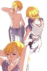  1boy androgynous black_tank_top blonde_hair commentary english_commentary ensemble_stars! grey_pants hair_tie_in_mouth hand_in_own_hair hand_on_own_hip houdi_nguyen male_focus mouth_hold nito_nazuna pants pink_eyes short_hair short_ponytail short_sleeves signature solo tank_top topless_male 