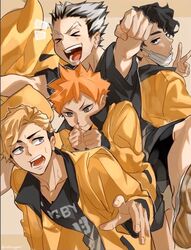  &gt;o&lt; 4boys bad_id bad_twitter_id black_eyes black_hair blonde_hair bokuto_koutarou clenched_hand haikyuu!! hinata_shouyou jacket jumping keki_chogyegi looking_at_viewer male_focus mask mask_pull miya_atsumu mouth_mask multicolored_hair multiple_boys open_clothes open_jacket open_mouth orange_hair profile sakusa_kiyoomi short_hair simple_background smile sportswear two-tone_hair v volleyball_uniform 