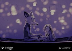  2019 anthro anthro_on_anthro bottomwear canid canine clothed clothing dipstick_ears disney disney&#039;s_tangled_(film) dress duo ear_markings flynn_rider fox fully_clothed hand_holding hi_res inktober judy_hopps lagomorph leporid looking_at_another mammal multicolored_ears nick_wilde pants qalcove rabbit rapunzel_(disney) red_fox restricted_palette shirt side_view topwear true_fox zootopia 