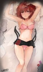  :o armpits arms_up bad_id bad_pixiv_id bed_sheet bra breasts cleavage condom condom_box feet_out_of_frame female gokineko_(roachcat) highres higuchi_madoka idolmaster idolmaster_shiny_colors looking_at_viewer lying medium_breasts mole mole_under_eye navel okamoto_condoms on_back on_bed panties pillow pink_bra pink_panties red_eyes red_hair skirt solo suspender_skirt suspenders suspenders_removed sweatdrop underwear unworn_shirt 