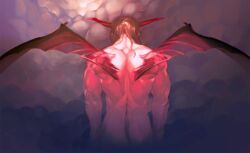  1boy arms_at_sides brown_hair cloud commentary_request completely_nude demon_wings face_down facing_away from_behind horns long_hair male_focus muscular nowaki_nakasane nude original red_theme solo standing tail transparent_wings wings 