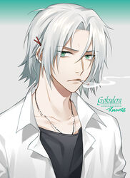  1boy black_shirt character_name cigarette collarbone collared_shirt commentary_request gokudera_hayato green_background green_eyes grey_background grey_hair hair_ornament hairclip jewelry katekyo_hitman_reborn! looking_at_viewer male_focus multicolored_background necklace parted_bangs partial_commentary ru_(famia) shirt simple_background smoke smoking solo upper_body white_shirt 