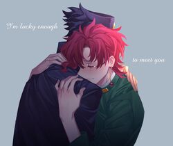  2boys bad_id bad_twitter_id black_hair blue_background blush closed_eyes crying earrings english_commentary english_text gakuran hat head_on_another&#039;s_shoulder highres hug jewelry jojo_no_kimyou_na_bouken kakyoin_noriaki kujo_jotaro long_sleeves lyrics male_focus multiple_boys mutual_hug red_hair scar scar_across_eye school_uniform short_hair simple_background smile stardust_crusaders upper_body yaoi zeeerudo 