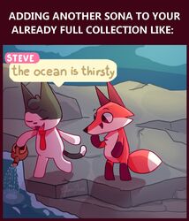  anthro canid canine dialogue duo english_text felid feline fox fur glassshine hi_res hubert_(glassshine) mammal necktie outside red_body red_fur rock steve_(glassshine) text watering_can white_body white_fur 