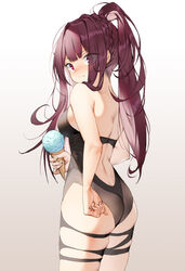  ass back_cutout backless_swimsuit bare_arms bare_back bare_shoulders black_one-piece_swimsuit blunt_bangs blush braid breasts casual_one-piece_swimsuit closed_mouth clothing_cutout commentary cowboy_shot dduck_kong eyes_visible_through_hair female food from_behind girls&#039;_frontline gradient_background grey_background highres holding holding_food ice_cream ice_cream_cone long_hair looking_at_viewer looking_back medium_breasts official_alternate_costume one-piece_swimsuit photoshop_(medium) purple_eyes purple_hair side_ponytail solo swimsuit v-shaped_eyebrows very_long_hair wa2000_(girls&#039;_frontline) wa2000_(op._manta_ray)_(girls&#039;_frontline) 