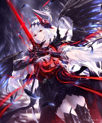  armor cygames dark_jeanne feather_hair_ornament feathers female hair_ornament hisakata_souji jeanne_d&#039;arc_(granblue_fantasy) long_hair looking_at_viewer red_eyes shadowverse single_vambrace smile solo sword vambraces weapon white_hair wings 