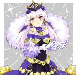  adjusting_clothes adjusting_gloves bare_shoulders black_dress black_hat closed_mouth collar commentary_request dress elbow_gloves female fire_emblem fire_emblem:_three_houses fire_emblem_heroes fur_trim gloves hair_ornament hat long_hair looking_at_viewer lysithea_von_ordelia lysithea_von_ordelia_(a_new_future) official_alternate_costume pink_eyes purple_collar simple_background smile solo twitter_username upper_body white_gloves white_hair yukia_(firstaid0) 