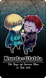  2boys bad_id bad_pixiv_id birthmark blonde_hair blue_eyes chibi clenched_hand colored_skin facial_mark fist_bump glalda hand_in_pocket kurda_smahlt male_focus multiple_boys purple_skin red_eyes red_hair smile the_saga_of_darren_shan yomunow 