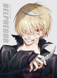  1boy belphegor_(reborn) blonde_hair blood blood_on_clothes blood_on_face blood_on_weapon buttons character_name chinese_commentary collar commentary_request crown dagger grey_background hair_over_one_eye holding holding_dagger holding_knife holding_weapon katekyo_hitman_reborn! knife long_sleeves looking_at_viewer male_focus photoshop_(medium) red_eyes ru_(famia) shirt simple_background smile solo striped_clothes striped_shirt teeth upper_body weapon 