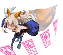  +_+ animal_ears blue_bow blue_kimono bow commentary_request cosplay fate/extra fate/kaleid_liner_prisma_illya fate_(series) female fox_ears fox_girl fox_tail highres illyasviel_von_einzbern japanese_clothes kimono kitsune kokosu looking_at_viewer ofuda prisma_illya smile solo star-shaped_pupils star_(symbol) symbol-shaped_pupils tail tamamo_(fate) tamamo_no_mae_(fate/extra) tamamo_no_mae_(fate/extra)_(cosplay) weapon 