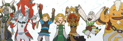  3girls 4boys armor arms_up bare_shoulders bird_boy black_skirt blonde_hair blue_eyes blue_lips blue_tunic blush_stickers bracelet brown_boots brown_gloves chains champion&#039;s_tunic_(zelda) closed_eyes closed_mouth colored_skin commentary_request confetti crop_top dark-skinned_female dark_skin detached_sleeves dress facial_hair facing_viewer feathers fish_boy gerudo gloves goatee goron green_dress green_eyes grey_pants grey_skin grin harem_outfit headpiece holding_hands jewelry layered_sleeves link long_sleeves looking_at_another looking_at_viewer magatama magatama_necklace maya_(mayamayammy) medium_hair midriff mineru_(zelda) multiple_boys multiple_girls navel necklace open_mouth pants pointy_ears princess_zelda red_hair riju rito secret_stone short_hair short_over_long_sleeves short_sleeves sidon skirt smile strapless strapless_dress teardrop_facial_mark teeth the_legend_of_zelda the_legend_of_zelda:_tears_of_the_kingdom tulin_(zelda) tunic two-tone_dress upper_teeth_only white_background white_dress white_feathers white_hair yunobo zonai zora 