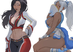  2girls abs alternate_costume ass black_hair blue_dress breasts cheshirrr cleavage collarbone dark-skinned_female dark_skin dress fatal_fury feet gloves hair_ornament hand_fan highres jacket lips long_hair long_sleeves medium_breasts multicolored_jacket multicolored_pants multiple_girls navel pants paper_fan parted_lips ponytail red_eyes shiranui_mai sideboob sidelocks simple_background standing toes white_background white_gloves white_hair 