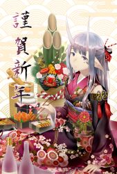  alcohol black_hair bottle bow chopsticks commentary_request crab egasumi facial_mark female floral_print flower food frown furisode hagoita hairbow hexagon horns izumi_sai japanese_clothes kadomatsu kagami_mochi kimono kouhaku_nawa lion_dance long_hair looking_at_viewer mochi new_year obi oni original osechi paddle pointy_ears purple_eyes rope sake sake_bottle sash seigaiha shimenawa shishimai sitting solo tabi wagashi yokozuwari 