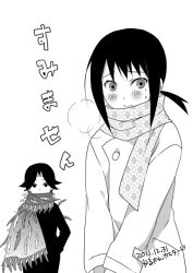  1boy bad_id bad_pixiv_id blush breath coat ekra feathers female greyscale kaga_ai kino_kuniya light_smile mole monochrome plaid ponytail sayonara_zetsubou_sensei scarf sidelocks simple_background white_background 