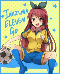  bad_id bad_pixiv_id ball blush breasts copyright_name female green_eyes hair_ribbon hair_tubes inazuma_eleven_(series) inazuma_eleven_go lightning_bolt_symbol long_hair marimo_danshaku medium_breasts oerba_yun_fang open_mouth raimon raimon_soccer_uniform red_hair ribbon seto_midori soccer_ball soccer_uniform solo sportswear telstar 