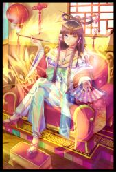  bad_id bad_pixiv_id breasts cleavage crossed_legs dragon female footstool hair_ornament hair_rings hair_stick hand_fan heterochromia hibaarborvitae highres jewelry kiseru long_hair magatama medium_breasts necklace off_shoulder original pants pendant purple_hair sash shirt sitting smile smoking_pipe solo throne tiara window 