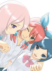  3girls arm_around_neck blue_eyes blue_hair blush braid brown_hair commentary_request green_eyes hair_ribbon hair_tubes highres inazuma_eleven_(series) inazuma_eleven_go long_hair mocha_(snowflake) multiple_girls one_eye_closed open_mouth photoshop_(medium) purple_eyes red_hair ribbon school_uniform seto_midori short_hair sleeves_rolled_up smile sorano_aoi twin_braids yamana_akane 