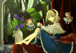  alice_margatroid barefoot bird blonde_hair blue_eyes book bottle bow capelet commentary_request doll dress female flower hairband hairbow highres indoors long_hair ribbon shanghai_doll shiro_hi short_hair sitting smile solo touhou window 