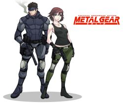  1boy armpits bare_shoulders blue_eyes breasts brown_hair chuunioniika cigarette commentary_request copyright_name desert_eagle elbow_pads facial_hair female gun handgun headband knee_pads lips medium_breasts meryl_silverburgh metal_gear_(series) metal_gear_solid muscular photoshop_(medium) smoking sneaking_suit solid_snake stubble suppressor tank_top weapon 