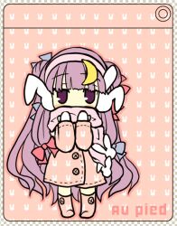  animal_ears blunt_bangs blush_stickers boots bow chibi commentary_request crescent crescent_hair_ornament female hair_ornament hairbow jacket long_hair patchouli_knowledge photoshop_(medium) pink_footwear pink_jacket purple_eyes purple_hair rabbit_earmuffs rabbit_ears scarf scarf_over_mouth shiromomo solo touhou very_long_hair 