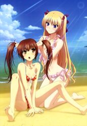  2girls :o absurdres amisaki_ryouko barefoot beach bikini blonde_hair blue_eyes breasts brown_eyes brown_hair bunching_hair christiane_friedrich cleavage cloud day feet frills front-tie_top highres imageboard_desourced kawakami_kazuko legs light_rays long_hair maji_de_watashi_ni_koi_shinasai! mole mole_under_eye multiple_girls non-web_source nyantype ocean official_art open_mouth outdoors polka_dot polka_dot_bikini polka_dot_swimsuit print_bikini scan sky small_breasts smile star_(symbol) star_print sunbeam sunlight swimsuit toes twintails two_side_up very_long_hair water 