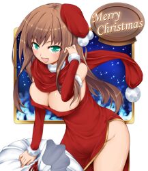  adjusting_hair arm_up bad_id bad_pixiv_id blush breasts brown_hair christmas cleavage covered_nipples detached_sleeves dress female green_eyes hat large_breasts legs long_hair merry_christmas no_bra open_mouth original painttool_sai_(medium) ribucci sack santa_hat scarf shiny_skin side_slit snow solo strapless strapless_dress thighs 