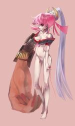  bare_shoulders barefoot breasts cleavage commentary_request female hebino_rai light_purple_hair long_hair medium_breasts narrow_waist original pink_hair ponytail solo 