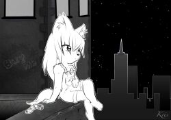  anthro assassin biped canid canine city crossed_legs female flat_chested fox gun kris_maltoa ledge mammal monochrome night on_wall ranged_weapon sip_i.a. sitting sky skyline solo star starry_sky tail weapon young young_anthro young_female 