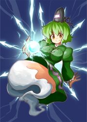  bad_id bad_pixiv_id breasts dress electricity energy_ball female ghost_tail green_dress green_hair hat medium_breasts naka_akira short_hair smile soga_no_tojiko solo tate_eboshi touhou yellow_eyes 