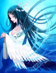  blue_background blue_hair blue_theme breasts circlet cleavage commentary_request fantasy female flower folding_fan hand_fan headdress japanese_clothes large_breasts lipstick long_hair makeup original photoshop_(medium) solo tamaki_mitsune water wings 