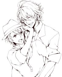  2boys ^_^ annoyed blazer closed_eyes collared_shirt commentary_request forced_hug gamu glasses hair_between_eyes hand_on_another&#039;s_cheek hand_on_another&#039;s_face hand_up happy hat hug hug_from_behind jacket kurusu_shou laughing line_art looking_at_another male_focus monochrome multiple_boys necktie open_mouth pushing_away shinomiya_natsuki_(uta_no_prince-sama) shirt sleeves_rolled_up upper_body uta_no_prince-sama v-shaped_eyebrows 