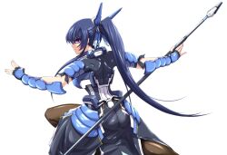  armor back-seamed_legwear blue_hair commentary_request female from_behind honda_futayo kaoru348 kyoukaisenjou_no_horizon long_hair looking_back pantyhose ponytail purple_eyes seamed_legwear simple_background solo stance white_background 