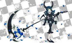  bad_id bad_pixiv_id black_rock_shooter checkered_background choker commentary_request dead_master female flower green_eyes high_heels highres holding holding_scythe horns inaba_taiju petals photoshop_(medium) rose scythe shoes solo wings 