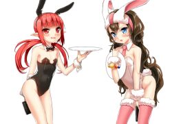  2girls animal_ears bad_link bare_legs bare_shoulders blue_eyes blush bow bowtie breasts brown_hair collarbone cuffs detached_collar dungeon_and_fighter flat_chest hairband long_hair mage_(dungeon_and_fighter) mintai multiple_girls mx2j necktie open_mouth playboy_bunny pointy_ears rabbit_ears rabbit_tail red_eyes red_hair simple_background small_breasts tail thighhighs tray wrist_cuffs 