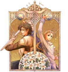  2boys arm_up armor art_nouveau black_eyes black_hair blonde_hair brown_background commentary_request flower gensou_suikoden gensou_suikoden_ii gloves jowy_atreides-blight lily_(flower) long_hair luca_blight male_focus multiple_boys ponytail sukimottsu sword true_rune weapon 