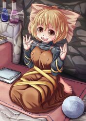  adworse barefoot book bottle brown_eyes cat&#039;s_cradle commentary_request feet female hairband highres jpeg_artifacts kneeling kurodani_yamame open_mouth short_hair silk smile solo spider_web toenails toes touhou yarn yarn_ball 