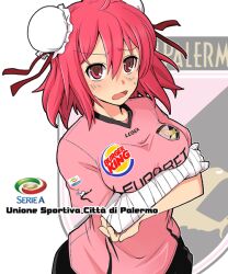  bandages breast_hold breasts bun_cover burger_king clothes_writing commentary_request crossed_arms double_bun female fujii_jun hair_bun ibaraki_kasen italian_text italy large_breasts pink_eyes pink_hair product_placement shirt short_hair soccer soccer_uniform solo sportswear touhou us_citta_di_palermo 