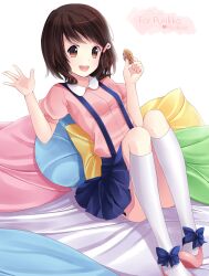  artist_name bad_deviantart_id bad_id brown_eyes brown_hair chocolate_chip_cookie cookie female food heart hitsukuya looking_at_viewer open_mouth original photoshop_(medium) shoes short_hair sitting skirt socks solo suspenders waving 