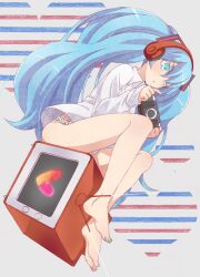  aqua_eyes aqua_nails bad_id bad_pixiv_id barefoot blue_hair blush collared_shirt colored_eyelashes dress_shirt dutch_angle feet female from_side fukagawa_kazumi full_body grey_background hair_between_eyes hair_ornament handheld_game_console hatsune_miku headphones heart heart_background holding legs long_hair long_sleeves looking_down nail_polish no_pants panties playing_games playstation_portable print_panties radio_antenna shirt sitting sleeves_past_wrists solo television toenail_polish toenails twintails underwear very_long_hair vocaloid 