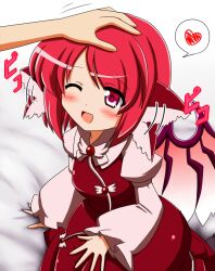  animal_ears blush commentary_request dress ear_wiggle female headpat heart kamelie mystia_lorelei no_headwear one_eye_closed out_of_frame pink_hair purple_eyes short_hair solo_focus spoken_heart touhou wings 