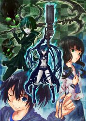  4girls arm_cannon black_hair black_rock_shooter black_rock_shooter_(character) black_shorts blue_eyes cellphone_strap checkered_background commentary_request dead_master green_eyes green_hair highres hood hoodie kaeru_(kaerism) kuroi_mato midriff multiple_girls navel no_shirt one_eye_closed scar scythe short_shorts short_twintails shorts skull smile takanashi_yomi twintails weapon 