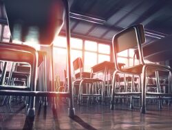  chair classroom commentary_request desk no_humans original photoshop_(medium) scenery school_desk step_to_you_(vocaloid) yonasawa 