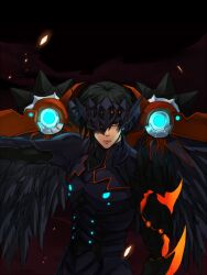  1boy armor black_armor black_background black_hair black_theme commentary_request elsword helmet izgald male_focus raven_cronwell reckless_fist_(elsword) red_eyes solo valak_(elsword) wings 