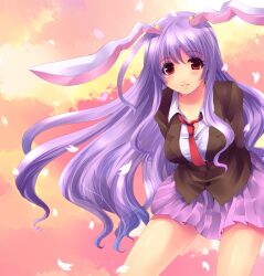  animal_ears bad_id bad_pixiv_id blush female highres jacket kobanzame leaning_forward long_hair necktie petals purple_hair rabbit_ears red_eyes red_necktie red_sky reisen_udongein_inaba shirt skirt sky smile solo touhou 