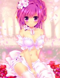  bare_shoulders between_legs blush braid breasts cherry_blossoms choker cleavage commentary_request female flower forest frills hair_flower hair_ornament hand_between_legs konno_kengo large_breasts light_smile long_hair looking_at_viewer midriff nature navel off_shoulder original petals pink_hair purple_eyes sarong sitting smile solo thighhighs white_sarong white_thighhighs 