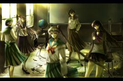  5girls aino_minako bad_id bad_pixiv_id bishoujo_senshi_sailor_moon blue_sailor_collar bow classroom globe hairbow half_updo hino_rei indoors juuban_middle_school_uniform kino_makoto kino_makoto&#039;s_school_uniform letterboxed long_hair mizuno_ami multiple_girls nako_(nonrain) red_bow sailor_collar school_uniform shiba_koen_middle_school_uniform ta_girls_school_uniform tsukino_usagi twintails window 