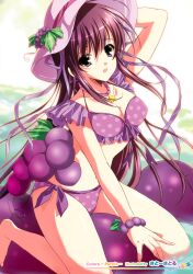  absurdres bikini bracelet breasts cleavage copyright_request female food fruit grapes hat highres jewelry medium_breasts necklace polka_dot polka_dot_bikini purple_bikini purple_eyes purple_hair purple_theme satou_satoru solo star_(symbol) swimsuit 