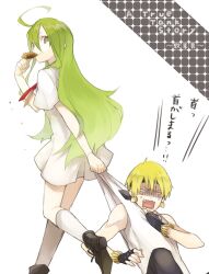  1boy ahoge blonde_hair commentary_request dragging dress earrings enkidu_(fate) enkidu_(sensha_otoko)_(fate) fate/stay_night fate/strange_fake fate/zero fate_(series) female fingerless_gloves genderswap_(mtf) gilgamesh_(fate) gilgamesh_(sensha_otoko)_(fate) gloves green_eyes green_hair headband jewelry long_hair nakahara_(mu_tation) red_eyes rule_63 sensha_otoko short_hair 