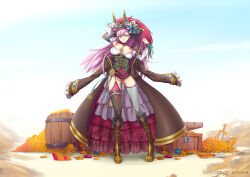  boots bow breasts captain_liliana cleavage corset female hat highres jacket kkkowy0913 long_hair looking_at_viewer medium_breasts pink_eyes pink_hair pirate_hat queen&#039;s_blade queen&#039;s_blade_limit_break queen&#039;s_blade_rebellion red_bow solo sword treasure_chest weapon 